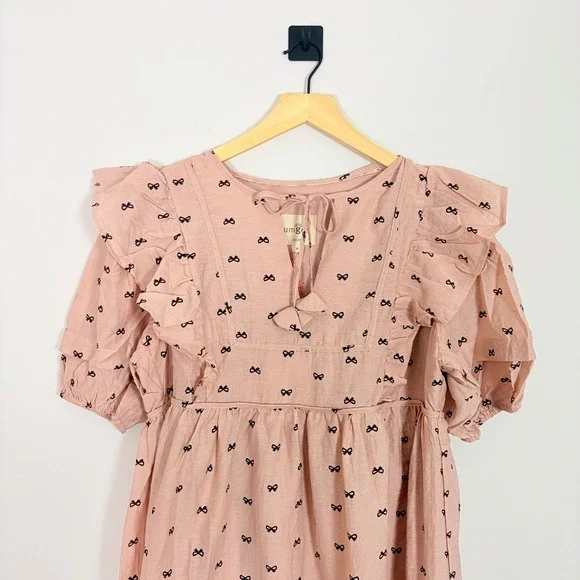 Umgee Pink Bow Print Ruffle Babydoll Mini Dress Linen Blend Medium Cottagecore - Picture 3 of 8
